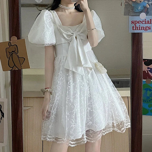 Vintage Bowknot Fairy Square Collar Tulle Dress