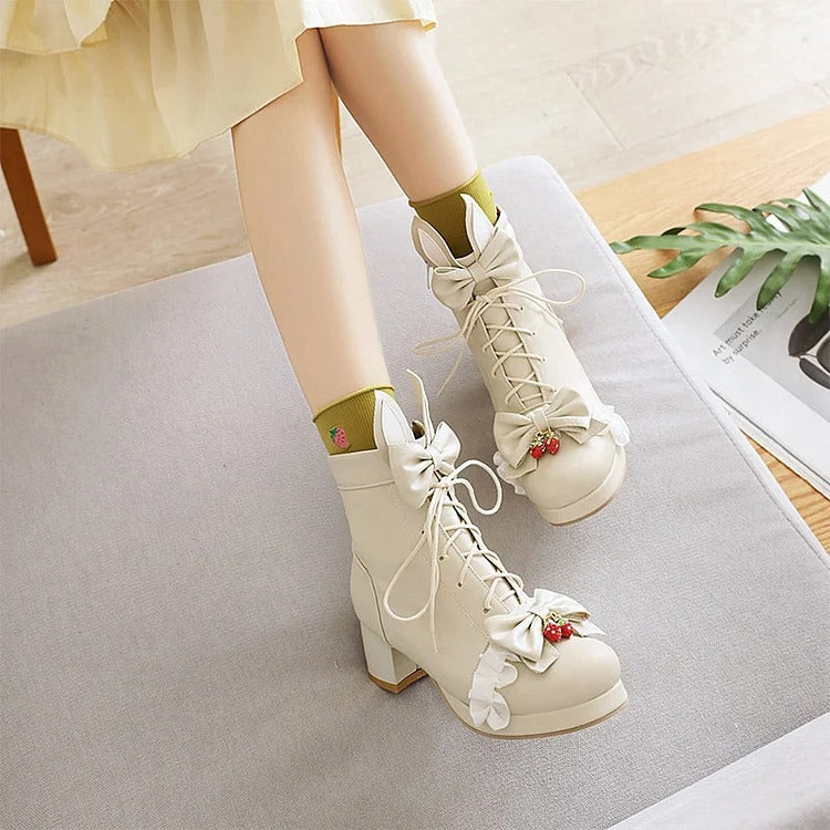 Lolita Bunny Ear Bowknot Strawberry Lace Up Boots