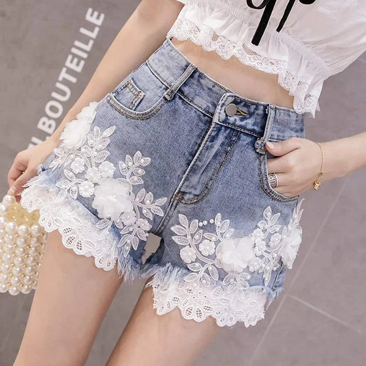 Blossom Lace Stitching Embroidery Denim Shorts