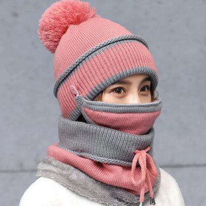 Cute Knit Warm Hat Face Mask Fur Pom Pom