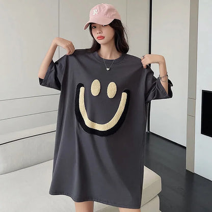 Smiling Face Embroidery Loose T-Shirt Dress