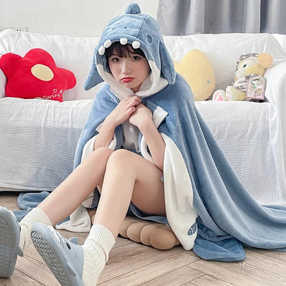 Kawaii Cartoon Shark Hooded Blanket Pajamas