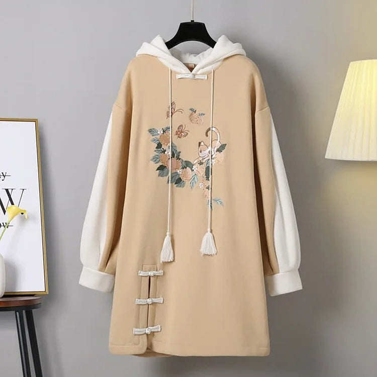 Vintage Cat Nature Embroidery Hoodie Dress