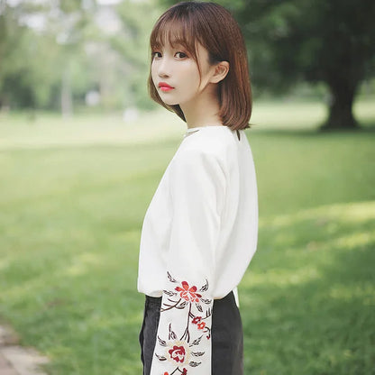 Vintage Blossom Emboidery Long Sleeve Loose Shirt