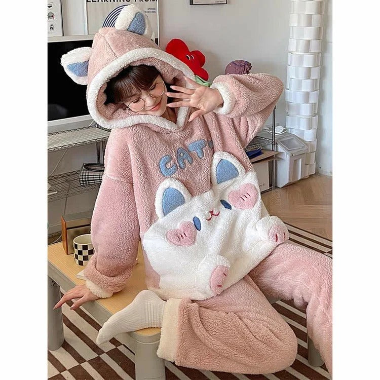 Cartoon Cat Letter Embroidery Hooded Pajamas Set