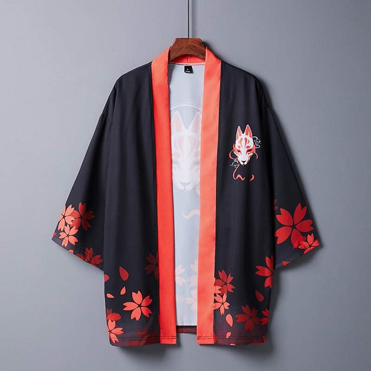 Vintage Sakura Fox Print Kimono Outerwear