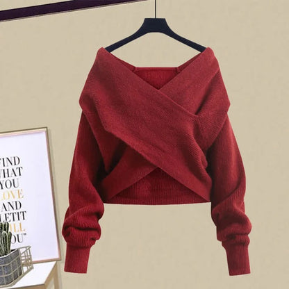 Cross Knit Sweater Lace Up Irregular Slip Dress Two Piece Set