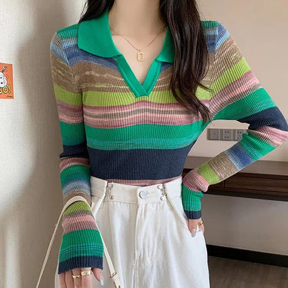 Chic Collar Rainbow Striped Colorblock Lapel Long Sleeve Shirt