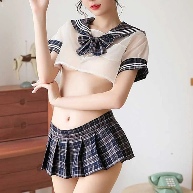 JK Sexy Bow Uniform Plaid Pleated Skirt Lingerie Set