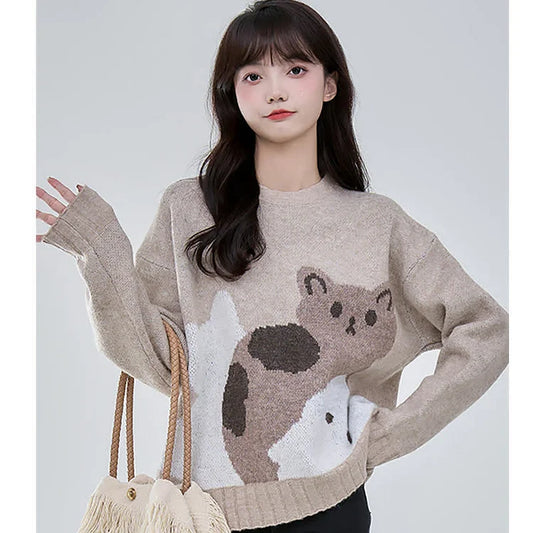 Cartoon Kitty Cat Print Casual Sweater
