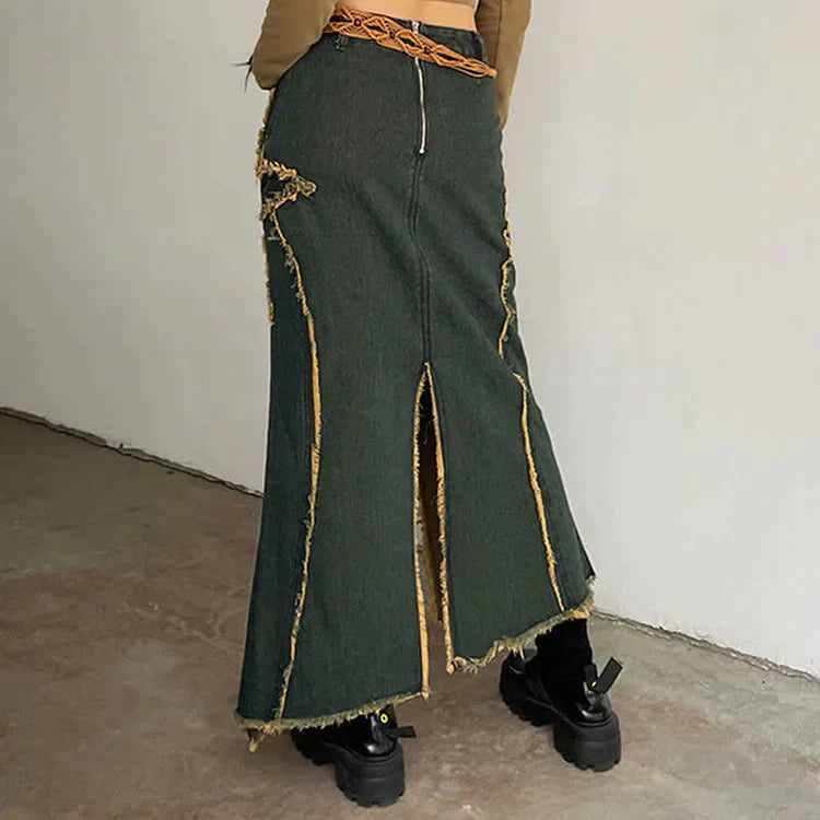 Vintage Star Pattern Split Denim Skirt