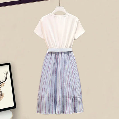Colorblock Striped Print Round Neck Belted T-Shirt Dress