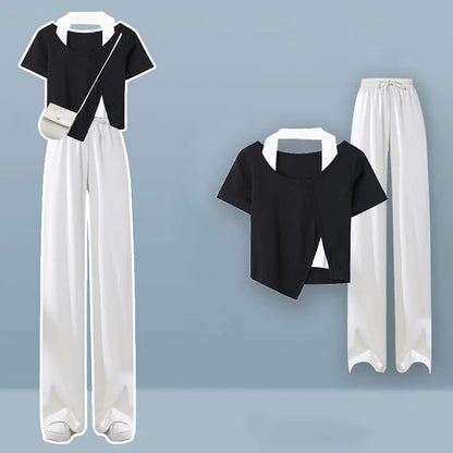 Halter Fake Two Piece Crop Top T-Shirt Casual Wide Leg Pants