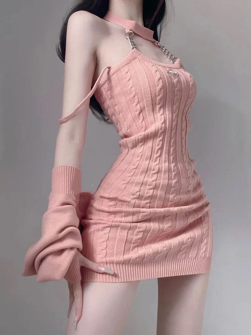 Y2k Chain Knit Crop Top Cardigan Mini Dress Two Piece Set