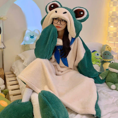 Kawaii Cartoon Frog Plush Hooded Jumpsuit Pajamas Dress