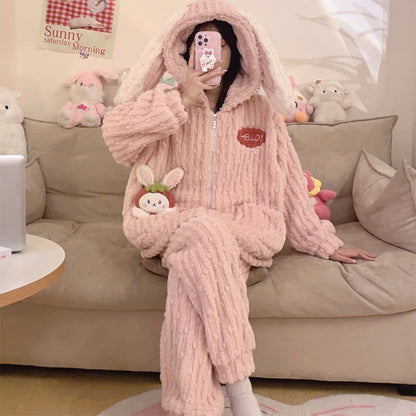 Kawaii Cartoon Bunny Dinosaur Plush Hooded Pajamas Set