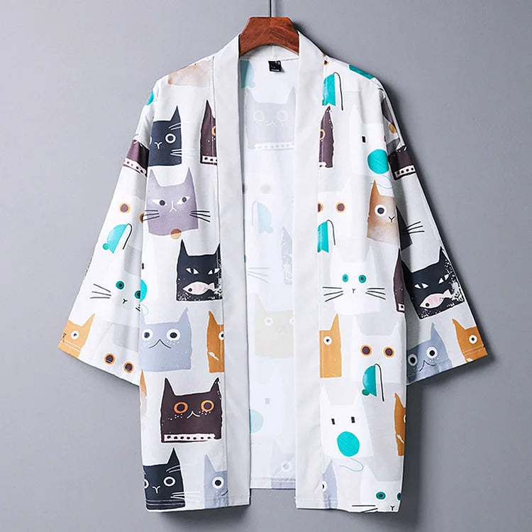 Retro Japanese Cartoon Cat Print Kimono Outerwear