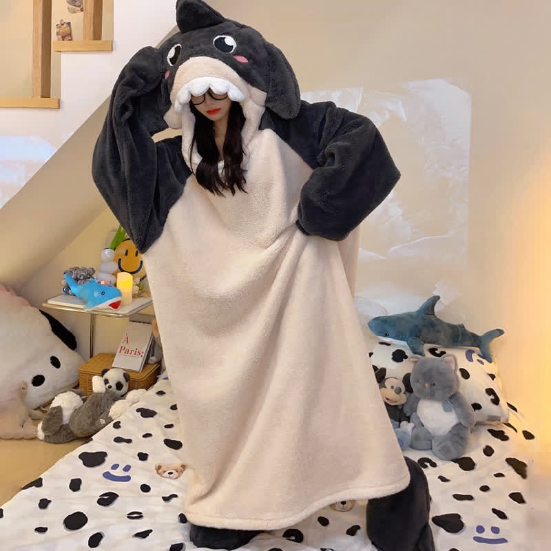 Kawaii Cartoon Shark Plush Hooded Jumpsuit Pajamas Dress