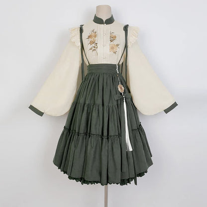 Han Costume Vintage Sunflower Embroidery Shirt Tassel Skirt Two Piece Set