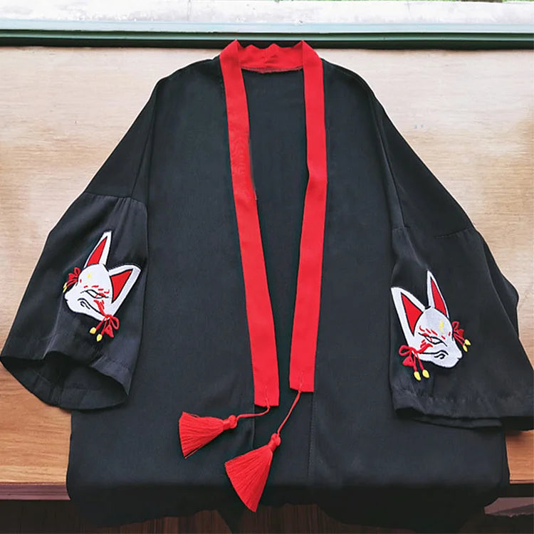 Vintage Fox Embroidery Tassel Cardigan Kimono Outerwear