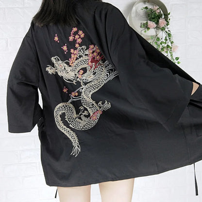 Vintage Sakura Dragon Chinese Embroidery Kimono Outerwear Sun Protective