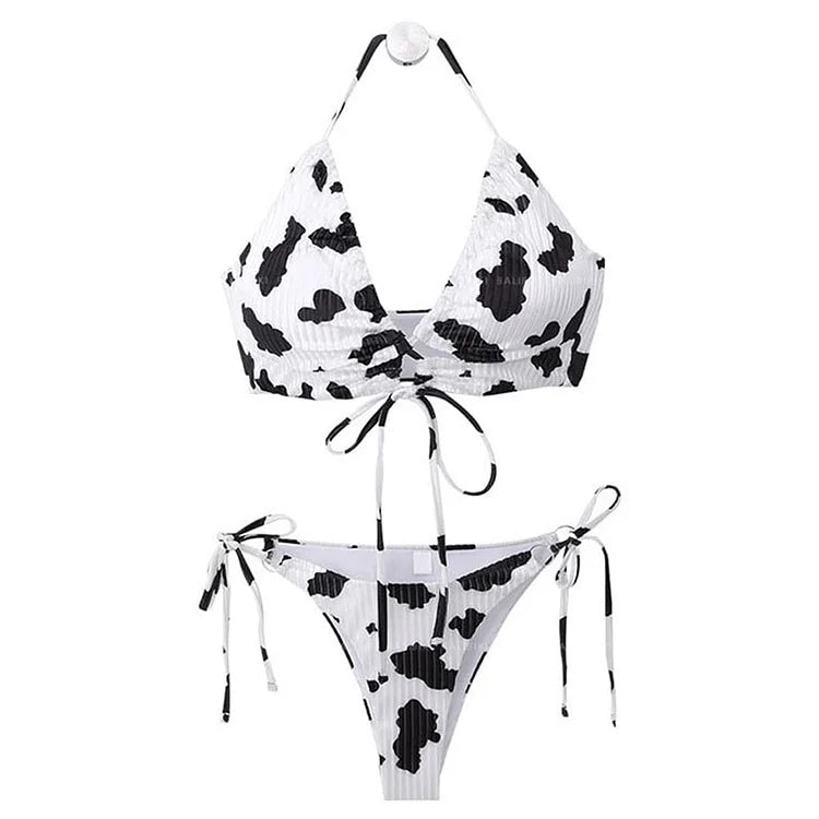 Cow Print Lace Up Split Bikini Swimwear