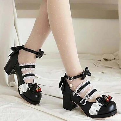 Lolita Bow Lace Strawberry Mary Janes Shoes
