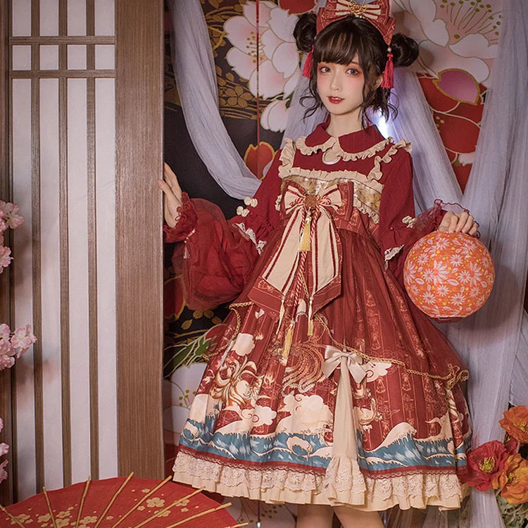 Kawaii Sweet Bow Ruffle Lace Sleeve Lolita Dress