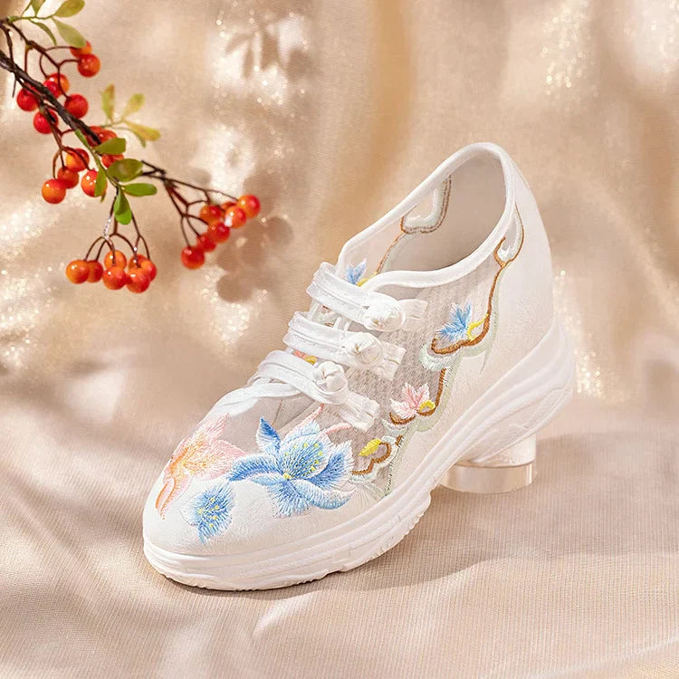 Vintage Blossom Embroidery Print Buckle Mesh Platform High Heels Mary Janes Shoes