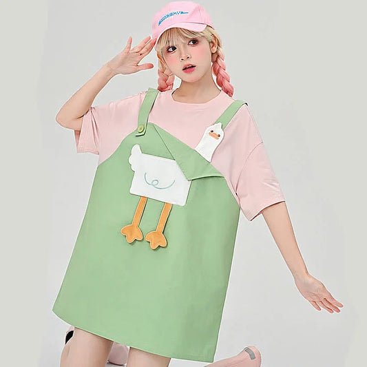 Cartoon Duck Embroidery Fake Two Piece Loose T-Shirt Dress
