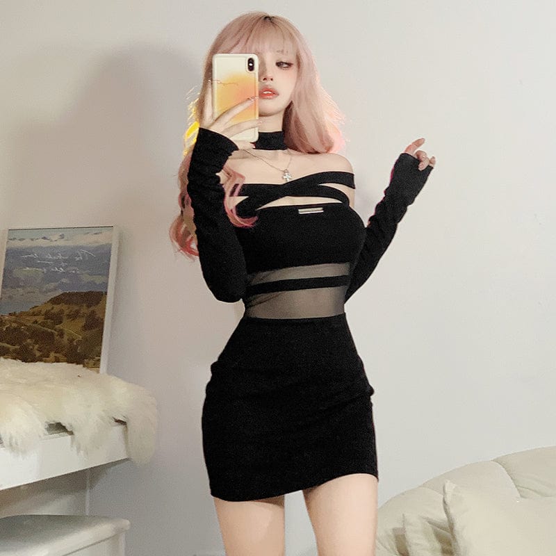 Hollow Out Black Mysterious High Street Dress Meowhiskers