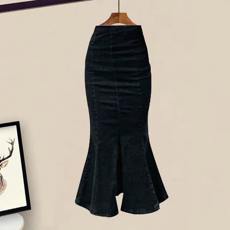 Puff Sleeve Bowknot Shirt Split Fishtail Denim Skirt Two Piece Set