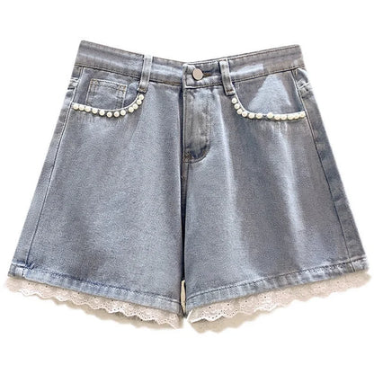 High Waist Pearl Decor Lace Denim Shorts