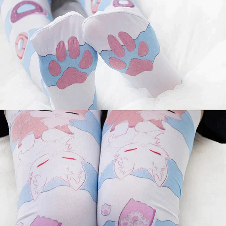 Kawaii Cartoon Fox Donut Print Stockings Over the Knee