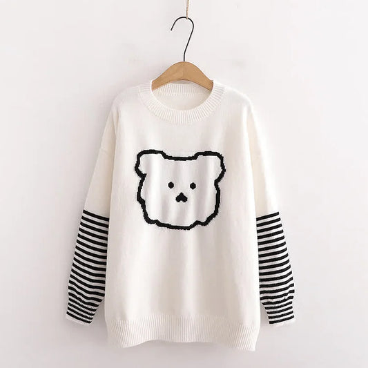 Kawaii Cartoon Bear Striped Sleeve Knit Sweater