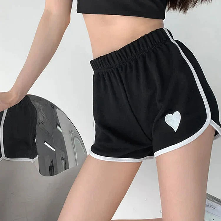 Pure Color Love Heart Embroidery Casual Shorts