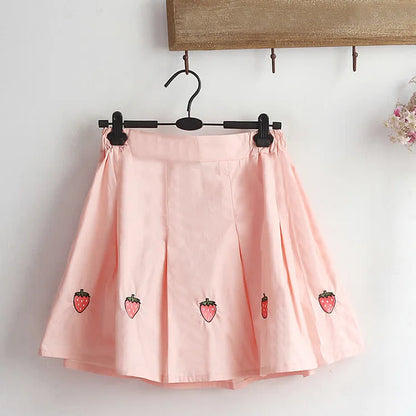 Colorblock Cute Bunny Print Hooded T-Shirt Strawberry Pleated Skirt
