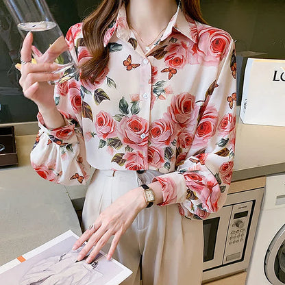 Rose Floral Print Puff Sleeve Chiffon Button Shirt Workwear