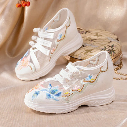Vintage Blossom Embroidery Print Buckle Mesh Platform High Heels Mary Janes Shoes