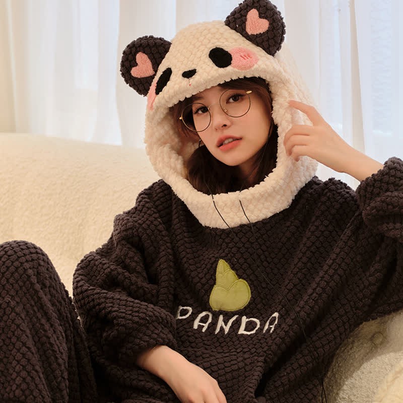 Cartoon Panda Plush Letter Hooded Pajamas Set