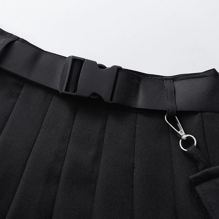 Street Off Shoulder Buckle Strap Zipper Crop Top Belted Pleated Skirt