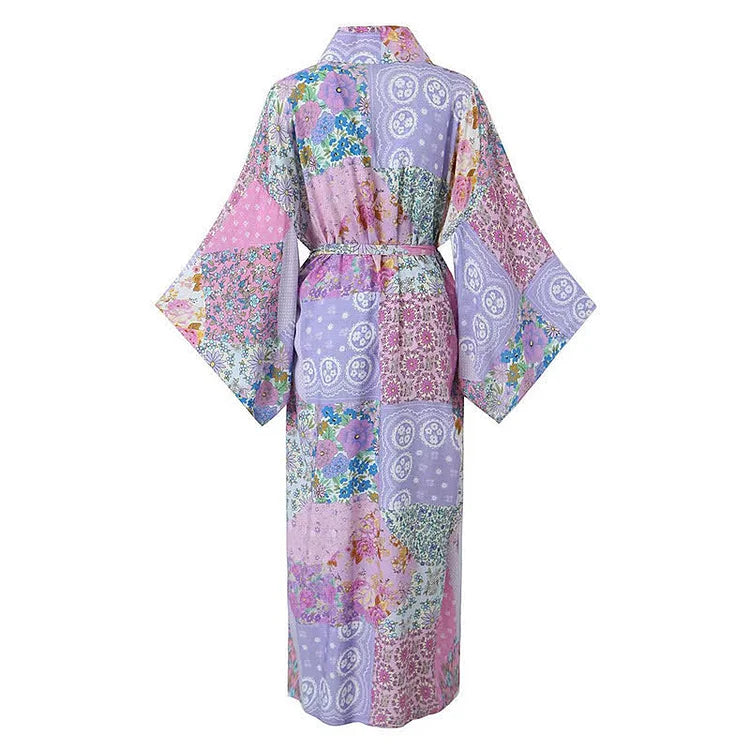 Vintage Floral Print Colorblock Robe Cardigan Kimono Outerwear