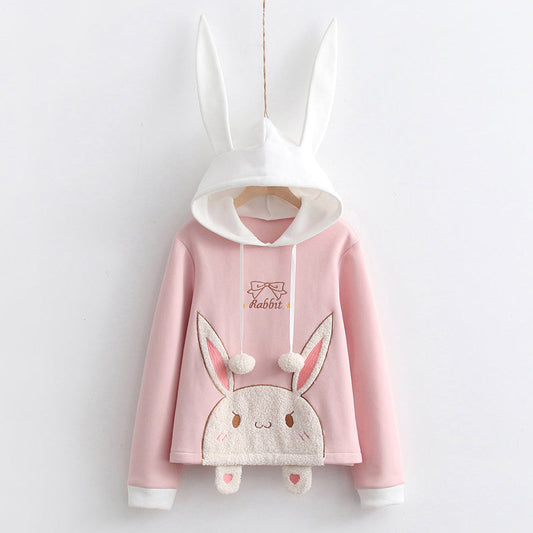 Harajuku Bunny Ear Plush Letter Hooded Sweatshirt