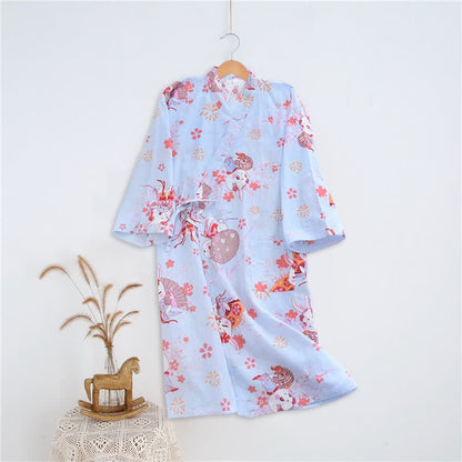 Vintage Cartoon Bunny Sakura Print Kimono Outerwear