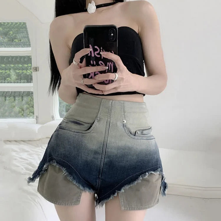 Chic Gradient Color High Waist Denim Shorts