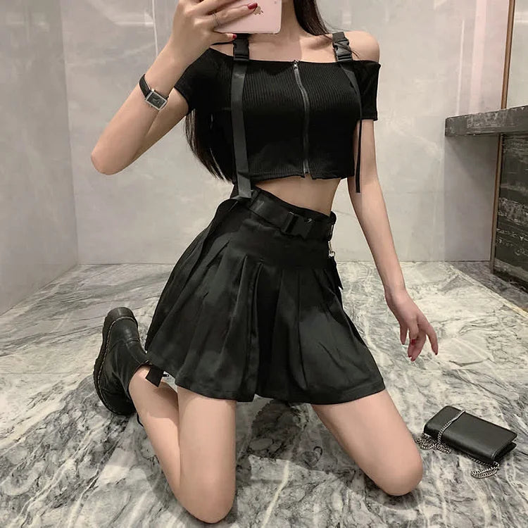 Street Off Shoulder Buckle Strap Zipper Crop Top Belted Pleated Skirt