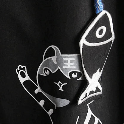 Cartoon Fox Mask Embroidery Kitty Fish Drawstring Hooded Cloak Coat
