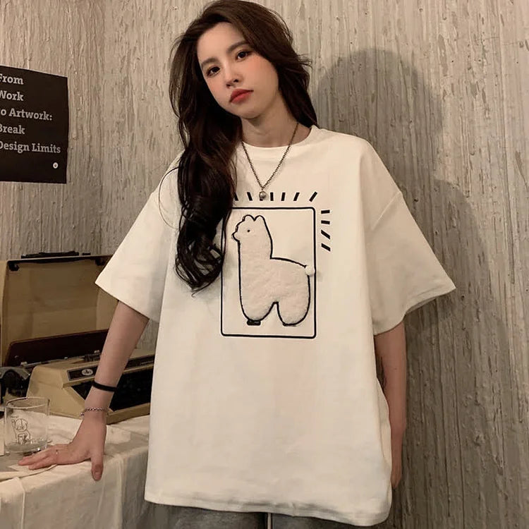 Kawaii Cartoon Alpaca Embroidery Loose T-Shirt