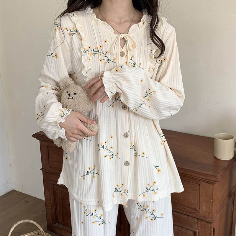 Kawaii Sunflower Print Cotton Pajamas Set