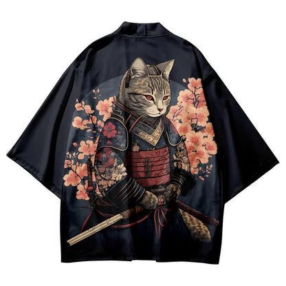 Vintage Cat Warriors Print Cardigan Kimono Outerwear